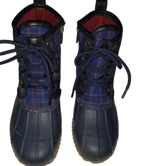 Tommy Hilfiger Womens Size 7 Navy Plaid Rain Duck Booties Textile Lace Up Shoes - Picture 2 of 11